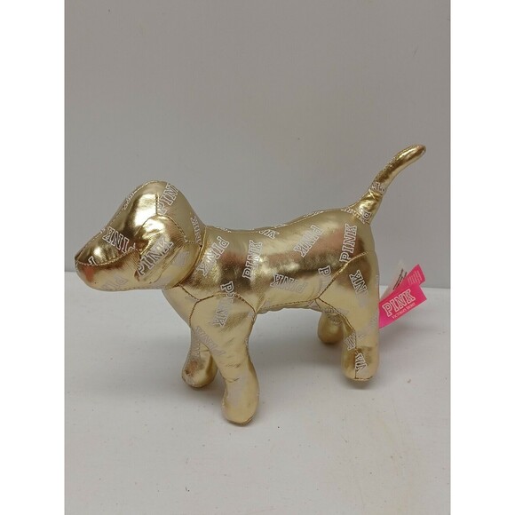 2 Victoria Secret Pink Mini Dog Stuffed Plush 7" Metallic Gold Phi Beta Pink - Picture 4 of 12